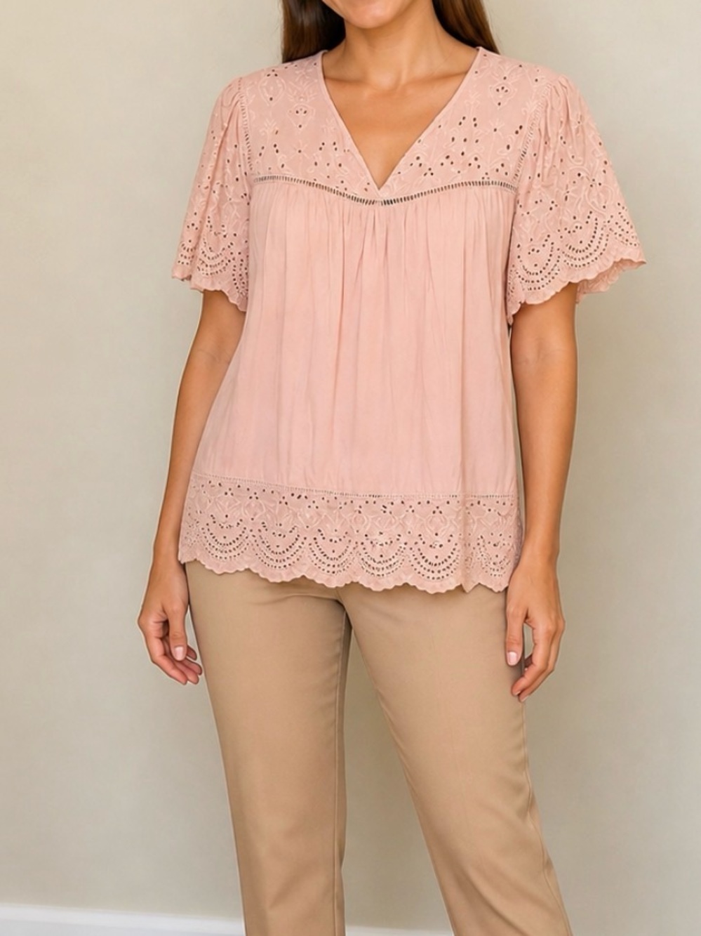 Eyelet V-Neck Flutter Sleeve Blouse - Dusty Rose